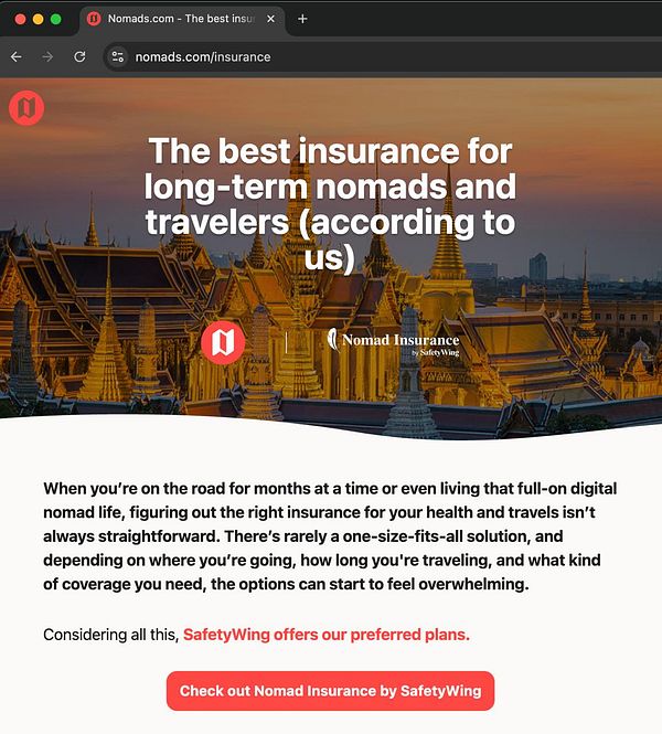 Webpage screenshot showing SafetyWing homepage with navigation bar and various sections highlighting their Remote Health Insurance.