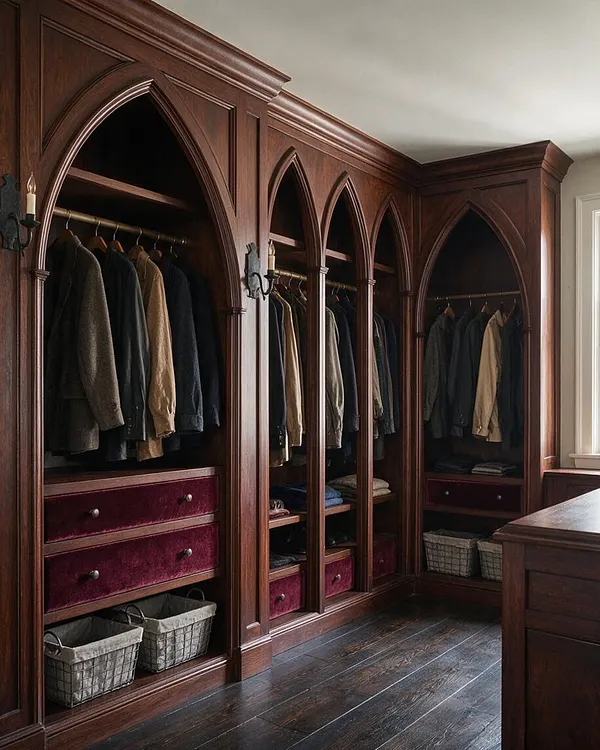 A custom closet with dark carved wood cabinetry featuring pointed Gothic arches over open hanging sections. Burgundy velvet drawers, woven storage baskets, and dark wood flooring create a moody, elegant atmosphere.