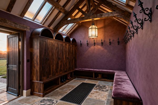 A moody mudroom with deep plum plaster walls features dark wood lockers with arched tops on the left and an L-shaped bench upholstered in mauve velvet on the right. Exposed timber trusses and skylights light a flagstone floor with a central black metal grille, while a large lantern pendant and a row of ornate black wrought-iron fleur-de-lis hooks emphasize the Gothic character with ample boot storage below.