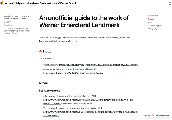 The image displays a webpage titled 'An unofficial guide to the work of Werner Erhard and Landmark'.