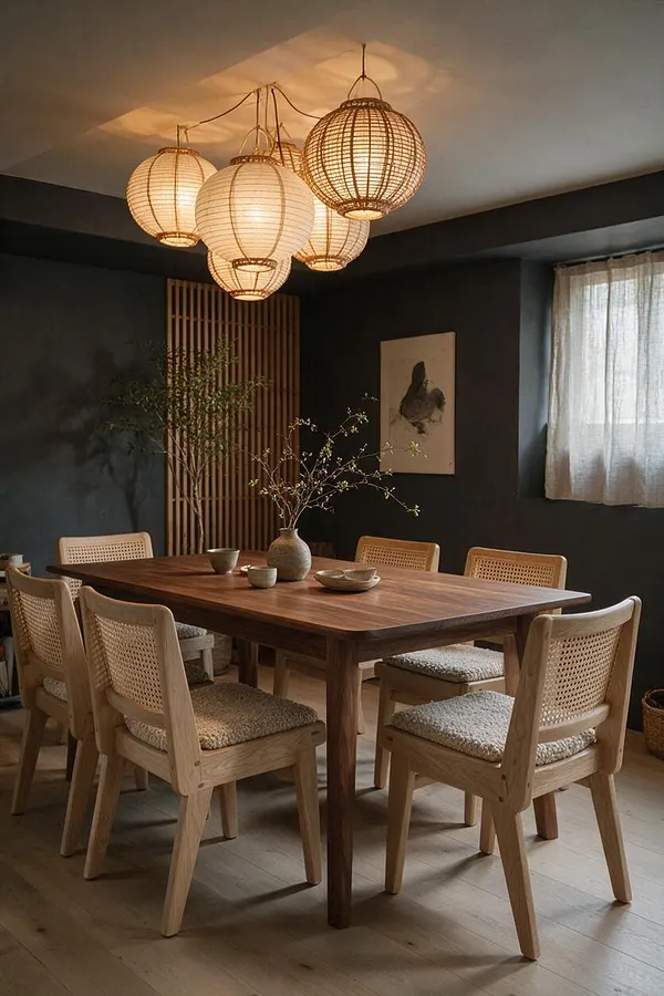 A Japandi dining room with a rectangular wooden table surrounded by six light wood cane-back chairs with woven seats. Above, several round paper and woven pendant lanterns cast a warm glow over dark charcoal walls, pale wood flooring, a vertical slat screen, sheer curtains, and minimal ceramic decor.