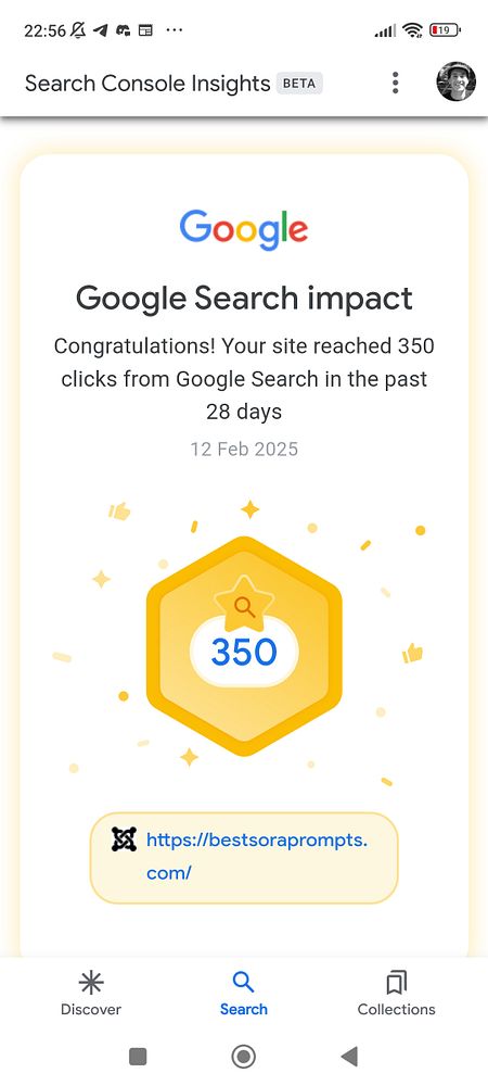 A notification from Google Search Console celebrating a traffic milestone.