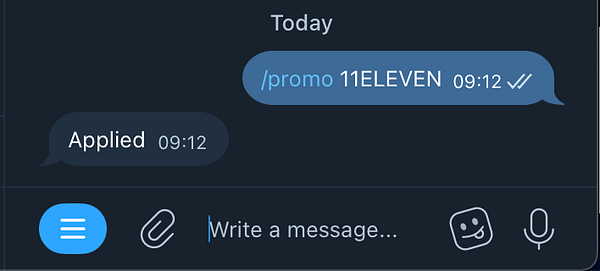 A chat interface displaying a promo code application confirmation.