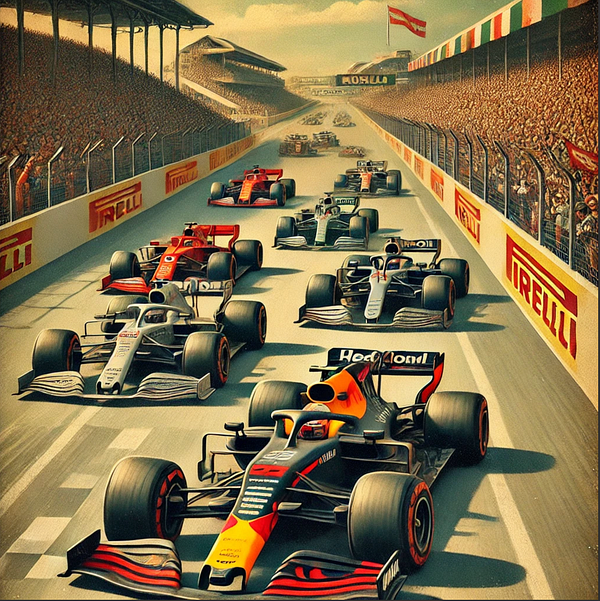 A vibrant illustration of a Formula 1 race featuring multiple cars on a racetrack.