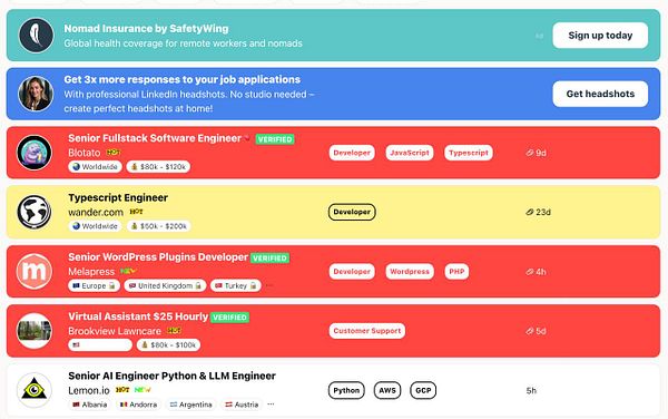 The image displays a job listing interface featuring various remote job opportunities and advertisements.