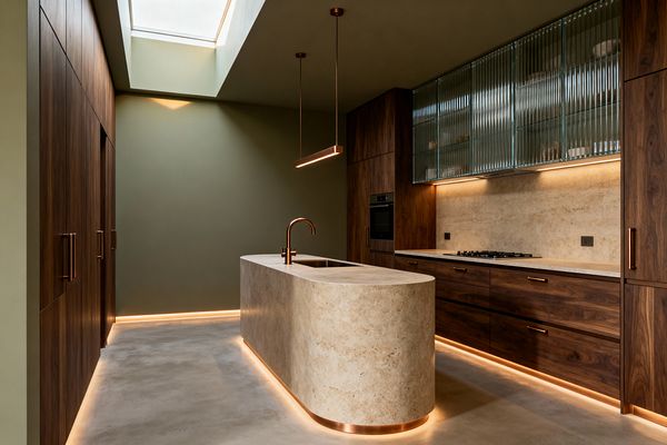 A modern kitchen with a curved beige stone island featuring an undermount sink and copper faucet, set beneath a slim copper pendant and a large skylight. Dark walnut cabinets span one wall with a gas cooktop, stone backsplash, and long copper pulls, while upper cabinets have ribbed glass fronts. Warm LED strips illuminate toe kicks and the island plinth. The floor is light gray concrete and the walls are muted olive, creating a calm, contemporary mood.