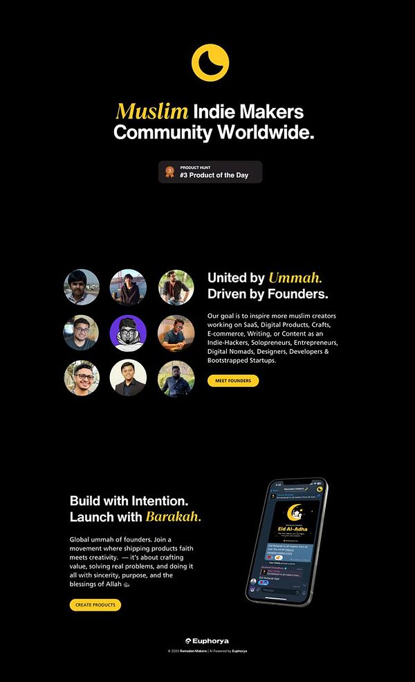 The image promotes a community for Muslim indie makers, highlighting their mission and showcasing featured founders.
