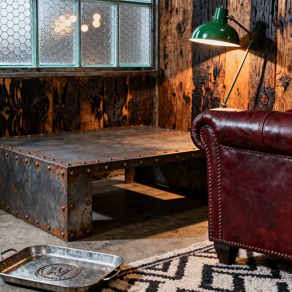 An industrial-style living room corner showcases a low, riveted steel coffee table with a weathered, rust-kissed patina set on a concrete floor. Behind it, a reclaimed, charred wood plank wall meets a vintage factory window with textured wired glass and a mint-green metal frame. At right, an oxblood leather Chesterfield-style sofa with stitched and nailhead details sits under a green enameled adjustable task lamp. A black-and-cream geometric rug and a galvanized metal tray complete the rugged, utilitarian scene.