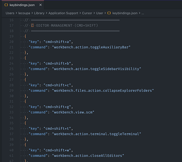 Screenshot of a Visual Studio Code window displaying the content of a keybindings.json file used to centralize keyboard shortcuts.