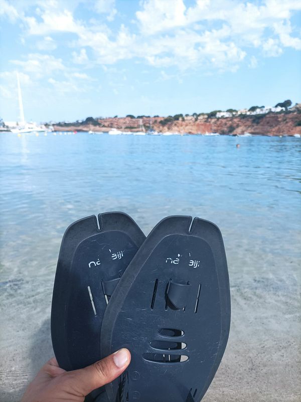 A person holds a pair of black swim fins in front of a calm water scene.