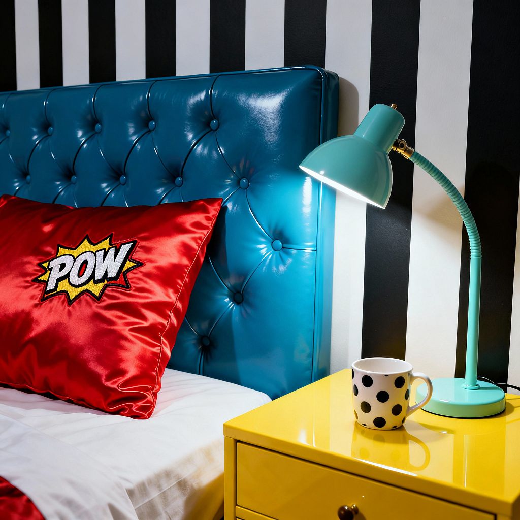 A bedroom vignette in Pop Art style shows a glossy teal, button-tufted headboard against bold black-and-white vertical striped wallpaper. A red satin pillow embroidered with a comic 'POW' graphic sits on white bedding beside a bright yellow lacquered nightstand topped with a mint metal task lamp and a white mug with black polka dots, all illuminated by the lamp's focused light.