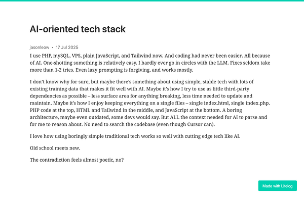 The image features a blog post discussing an AI-oriented tech stack.