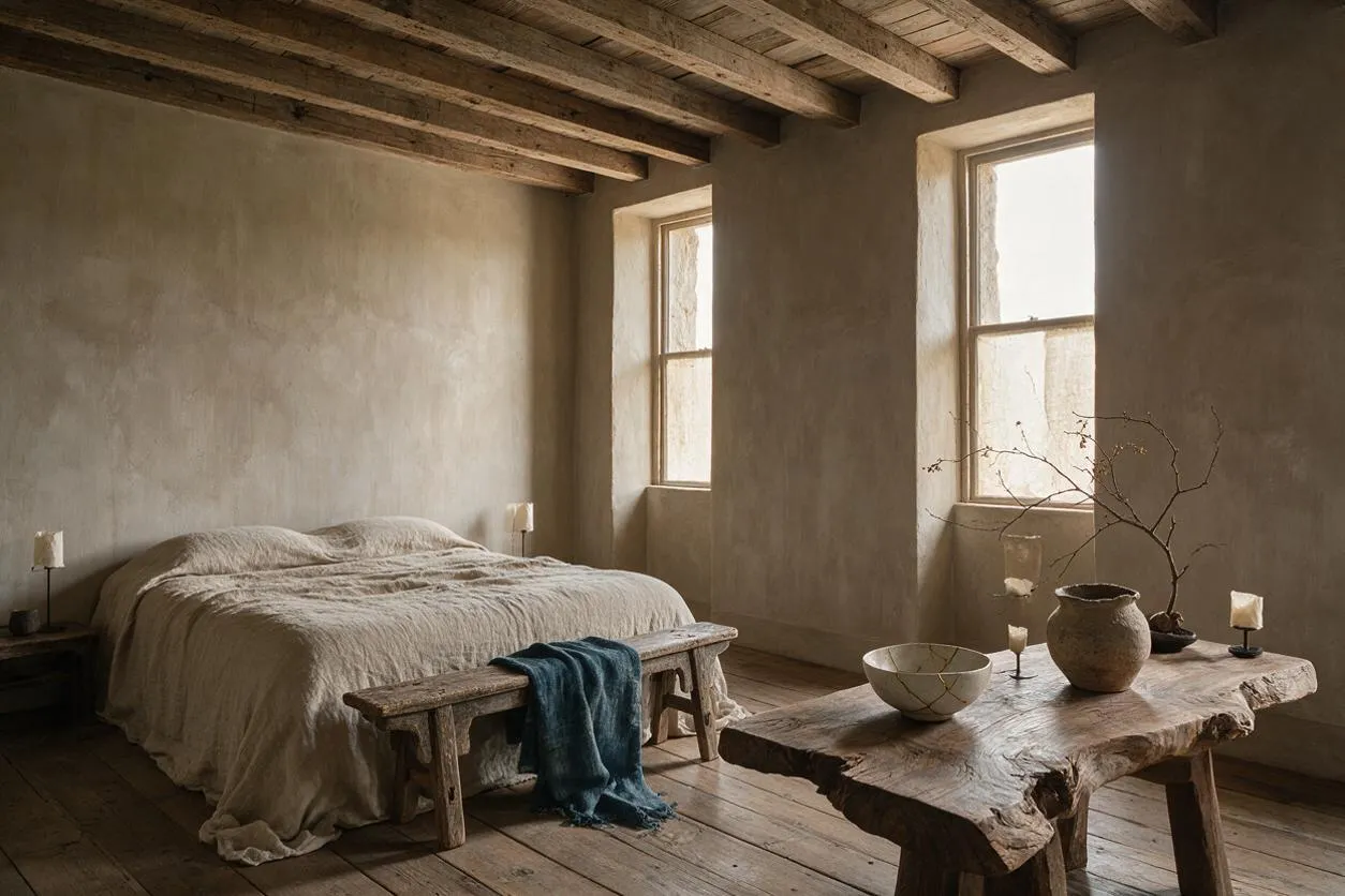 A serene master bedroom with a low bed dressed in soft neutral linen, exposed wooden ceiling beams, and plaster walls in warm beige tones. A rough-hewn wooden table, simple bench with a teal throw, and sparse ceramic decor reinforce the natural, imperfect Wabi-Sabi aesthetic.