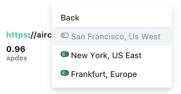 An interface showing a region selection dropdown menu with performance details.