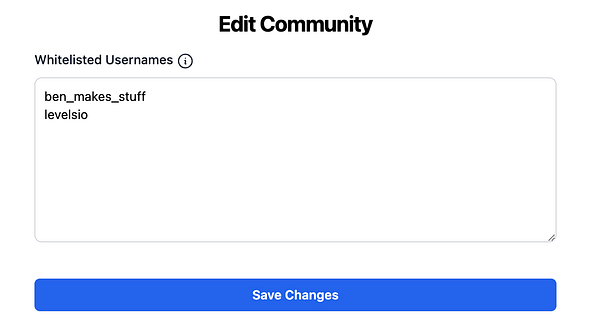 The image displays a user interface for editing whitelisted usernames in a community settings panel.