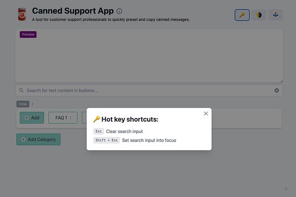 The image displays a user interface for the Canned Support App, highlighting hot key shortcuts in a modal window.
