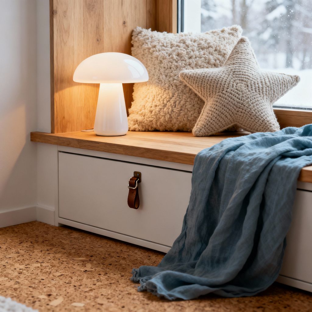A Scandinavian kids' room window seat features a light oak bench over a matte white drawer with a brown leather loop pull, set beside a wood-trimmed window. A glowing white mushroom lamp sits next to a chunky cream cushion and a knitted star pillow, with a dusty blue linen throw draped along the edge. Cork flooring and warm white walls enhance the soft, cozy atmosphere, while snow-covered trees are visible outside.