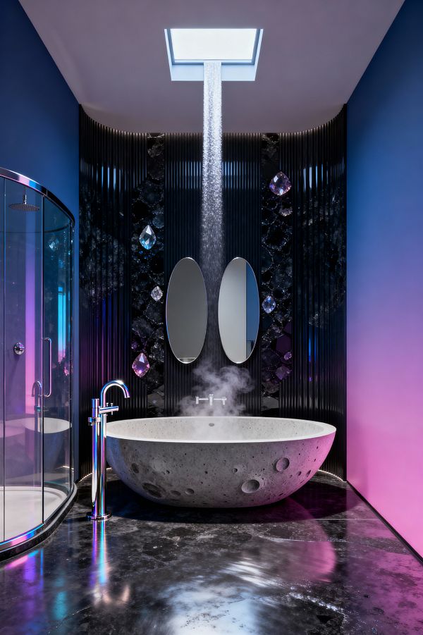 A futuristic bathroom centers on a round, crater-textured stone soaking tub with steam rising as a waterfall pours from a rectangular ceiling opening. The back wall combines black ribbed panels with a faceted, crystal-studded mosaic and two vertical oval mirrors. An iridescent chrome floor-mounted faucet stands beside the tub, while a curved glass shower enclosure sits to the left. Deep indigo walls, magenta-blue LED lighting, and a glossy dark floor create a cosmic glow.