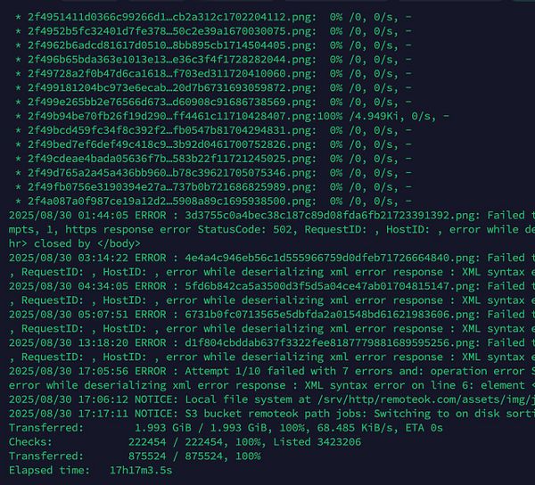 The image displays a terminal output showing the results of a job post upload process with several error messages and transfer statistics.