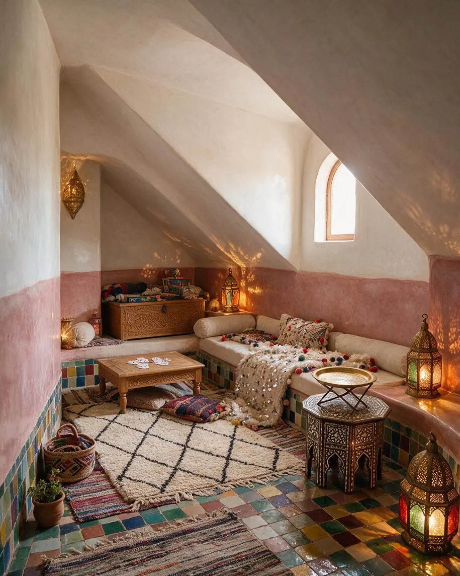 A cozy Moroccan-style game room with sloped white plaster ceilings, a pink plaster wall band, and colorful mosaic tile flooring. The room includes a low built-in bench with cream cushions, patterned pillows, a small wooden coffee table, woven rugs, carved lanterns, and warm ambient light filtering through a small arched window.