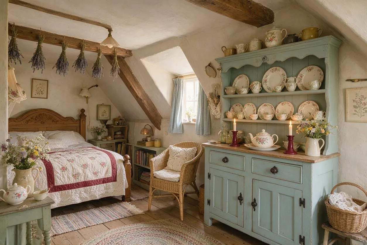 A cozy cottagecore studio apartment with a carved wooden bed, quilted bedding, exposed ceiling beams, and dried lavender hanging overhead. A pale blue hutch displays floral china beside a wicker chair, while soft daylight enters through a small curtained window and warms the rustic wood floors.