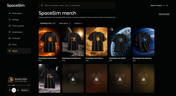 E-commerce webpage for SpaceSim merchandise featuring planet-themed T-shirts with a dark space design and a music player in the corner.