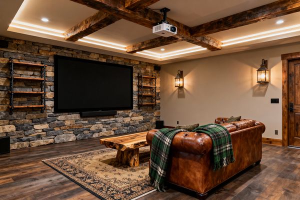 A rustic media room features a stacked-stone feature wall with a large wall-mounted screen and slim soundbar, flanked by wood shelves on black metal supports. Exposed timber beams span a ceiling with warm cove and recessed lighting, and a ceiling-mounted projector hangs above. A cognac leather Chesterfield sofa with green plaid throws faces a live-edge wood coffee table on a patterned rug, with lantern-style sconces, dark hardwood floors, and wood trim creating a cozy, cabin-like atmosphere.