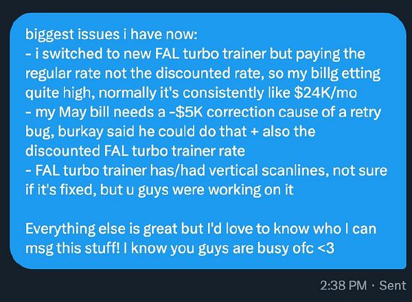 A message detailing issues related to billing and technical problems with a new turbo trainer.
