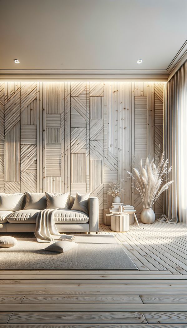 a warm, cozy living room with matchboarded walls painted in soft white, showing the planks installed horizontally
