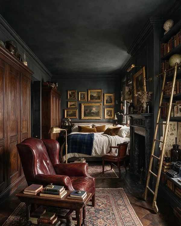 A dramatic dark academia master bedroom with charcoal walls, a dark ceiling, and warm wood flooring. The room features a bed layered with white bedding and mustard velvet pillows, framed vintage paintings above the headboard, a burgundy leather armchair, bookshelves, a brass floor lamp, a fireplace, and a leaning ladder.