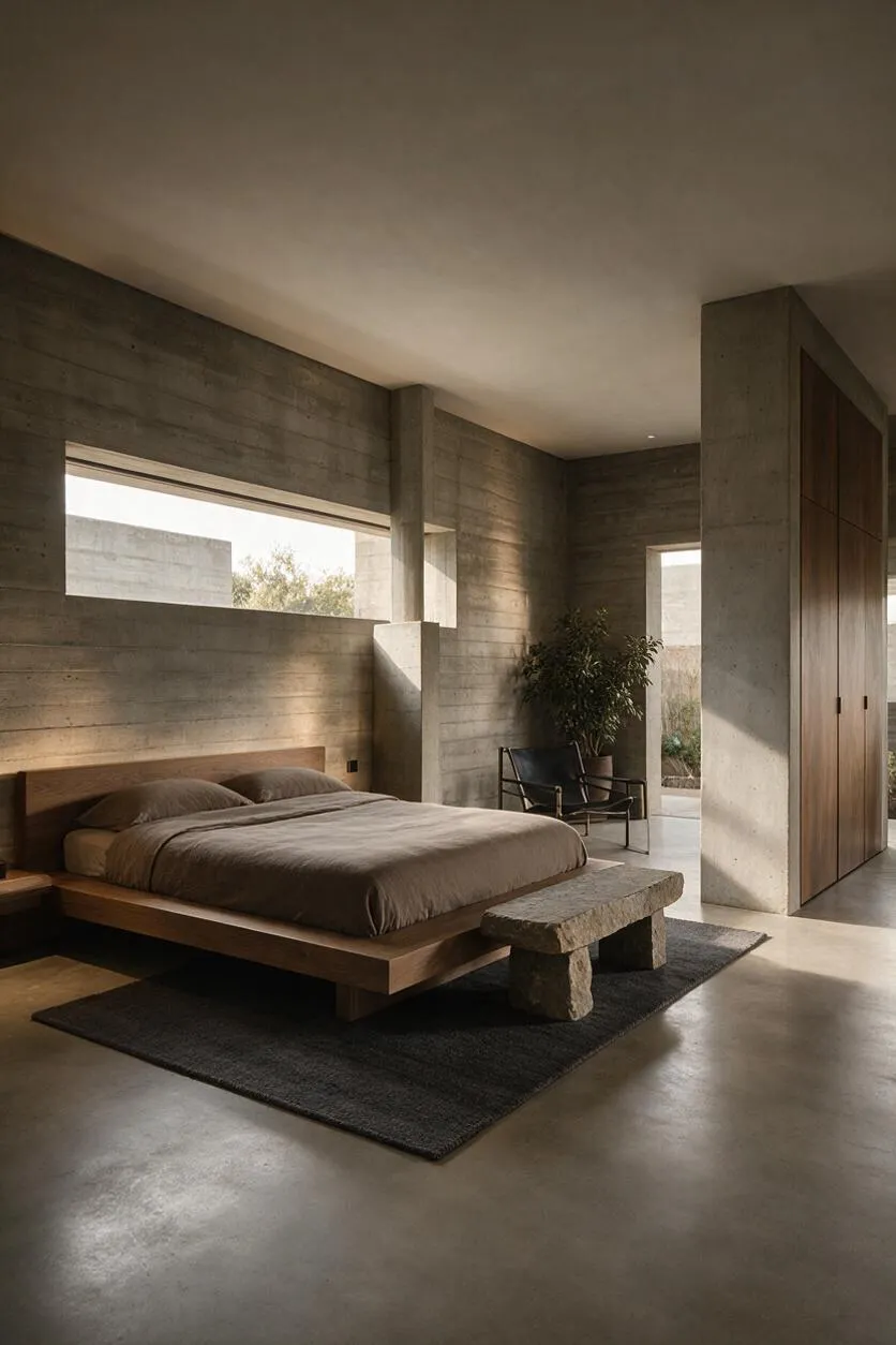 A guest bedroom with exposed board-formed concrete walls, a low wood platform bed dressed in taupe bedding, and a rough stone bench at the foot. A dark rug grounds the space, while a black lounge chair, potted plant, tall wood closet doors, and narrow horizontal windows add warmth and balance.