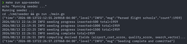 Screenshot showing backend code for migrating flight school data from JSON to PostgreSQL and querying it with PostGIS.