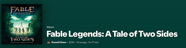 The image displays the album cover and details for 'Fable Legends: A Tale of Two Sides'.