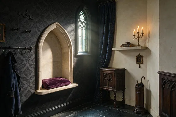 A moody Gothic-style front porch or entry nook with dark patterned wallpaper, a stone pointed-arch niche with a burgundy cushion, and a narrow Gothic window. The space includes dark drapery, wrought-iron hooks, a candelabra on a small shelf, and carved dark wood furniture on a stone tile floor.
