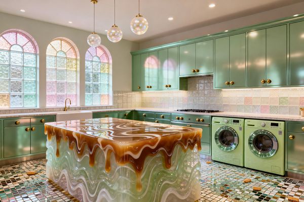 A whimsical laundry room features glossy mint cabinetry, a mint front-load washer and dryer beneath marble counters, and pastel square tile backsplash. At center stands a translucent resin island with wavy mint-and-white sides and a caramel-like drip top. Arched glass-block windows tinted in soft pastels and pearl-globe brass pendants illuminate a mosaic floor in candy-colored light.