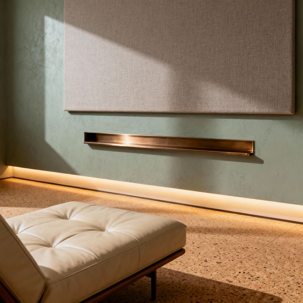 A minimalist media room corner features a large, textured beige fabric panel mounted on a sage green plaster wall above a slim brushed-brass floating ledge or soundbar cover. Warm LED cove lighting washes the baseboard and floor, illuminating speckled cork tile, while a low, tufted cream leather lounge chair with a slender wood base faces the wall, emphasizing clean lines, soft textures, and a calm neutral palette.