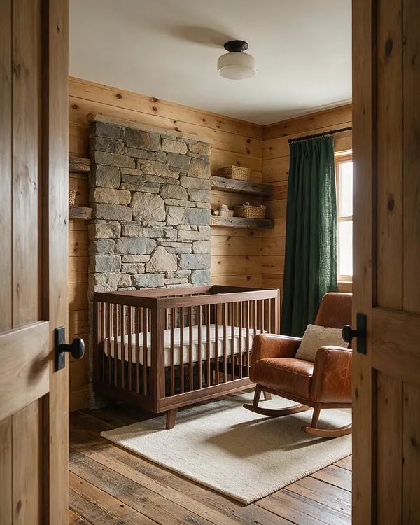 A rustic nursery with knotty wood-paneled walls, a stacked stone accent wall, and a warm wood crib centered on a cream area rug. A caramel leather rocking chair sits beside a window with dark green curtains, creating a cozy, natural, cabin-like atmosphere.