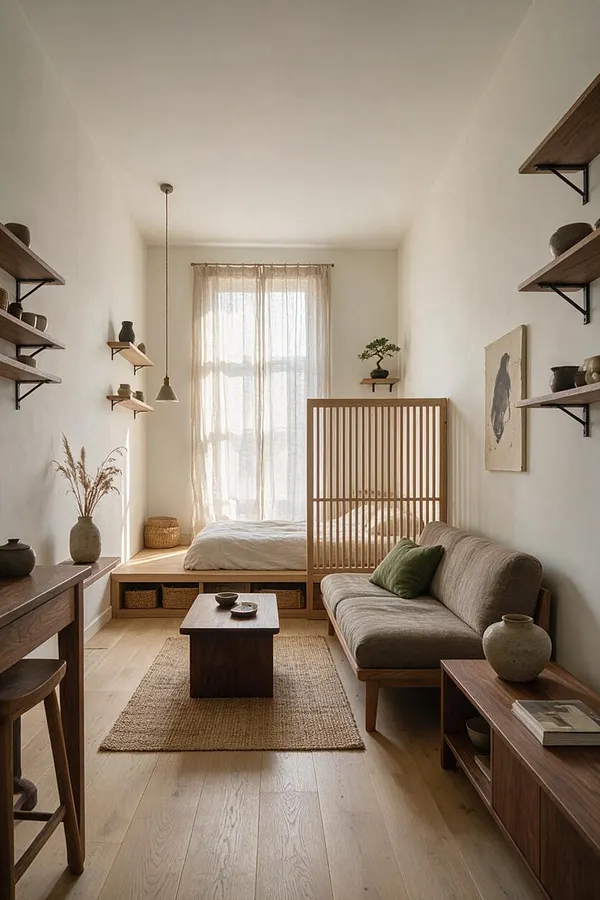 A narrow studio apartment styled in Japandi design, featuring a low platform bed near a bright window, a gray sofa with a green accent pillow, and a wooden slat divider separating the sleeping area from the living space. Floating wall shelves, natural wood furniture, a woven rug, and neutral ceramics create a calm, minimalist atmosphere.