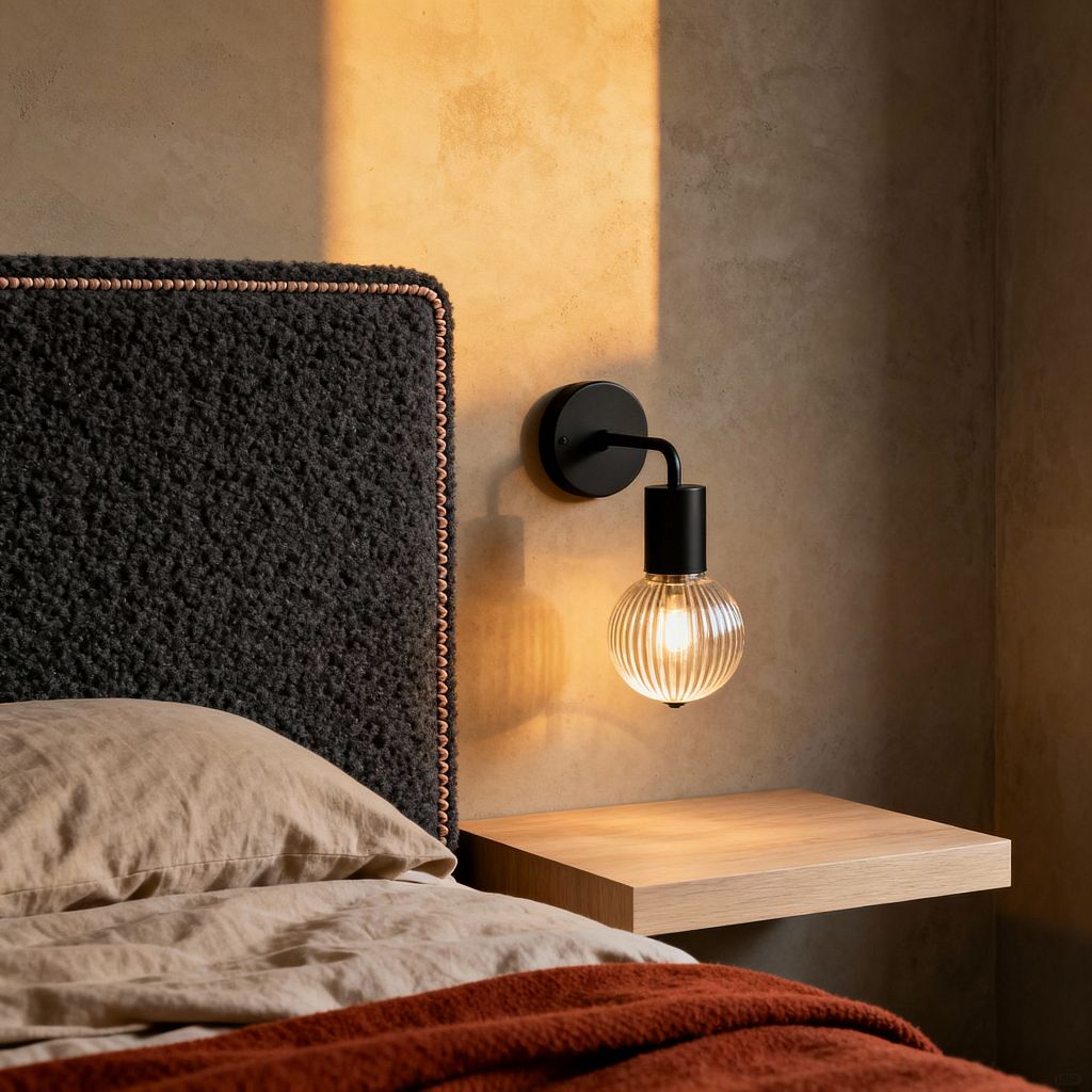 Close-up of a contemporary bedroom corner featuring a charcoal bouclé upholstered headboard edged with rust piping. A floating light oak nightstand sits below a matte black wall sconce with a ribbed glass globe casting warm light across a beige plaster wall. The bed is dressed in sand-toned linen sheets with a terracotta throw, while late-afternoon sun emphasizes the textures and minimalist arrangement.