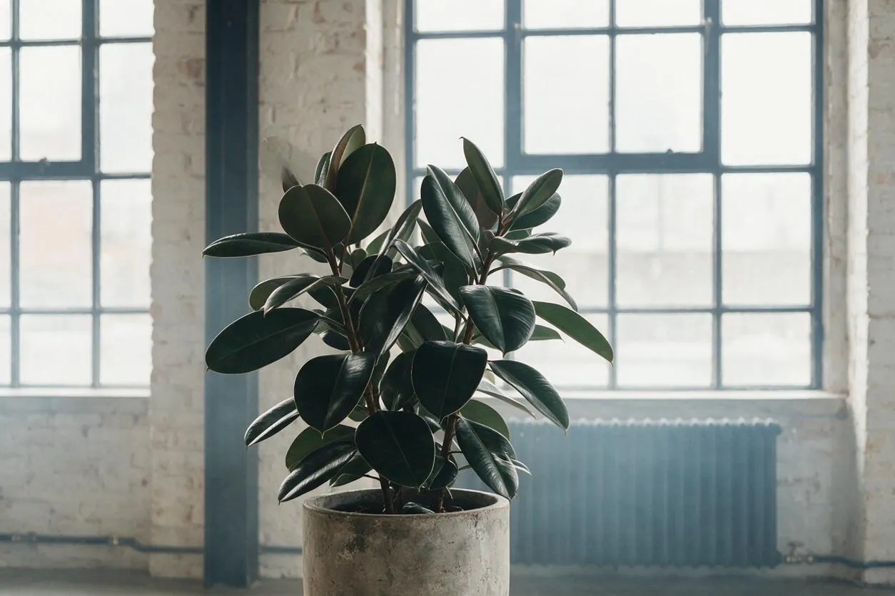 A potted ficus with dark glossy leaves stands in front of large steel-framed factory windows in a bright industrial loft. Exposed white brick walls, a dark vertical beam, and a radiator add to the raw, utilitarian look.