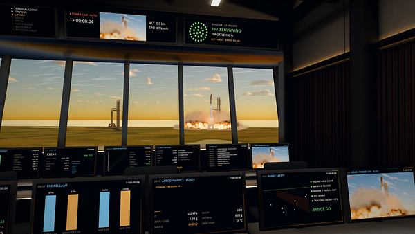 Interior view of a space launch control room during rocket liftoff with multiple data screens and external launch pad visuals.
