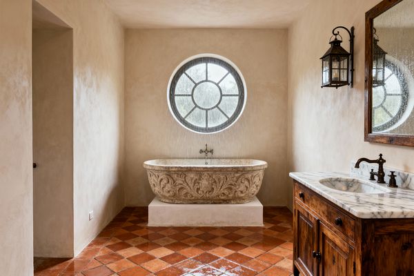 A French Country bathroom features a carved limestone soaking tub on a plaster plinth centered under a round, blackened-steel oculus window. The room has diamond-laid terracotta floor tiles, warm limewashed plaster walls, and a rustic wood vanity with a white marble top and bronze taps; a wrought-iron lantern sconce and traditional wall-mount tub filler complete the space, which is softly lit with natural daylight.