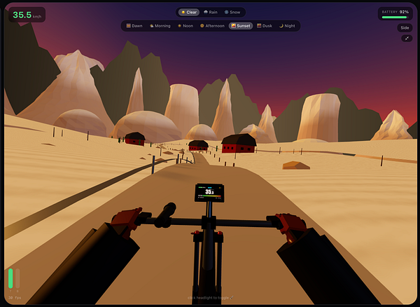 An electronic rider's dashboard display simulating a fork with speed, distance, and battery range data.