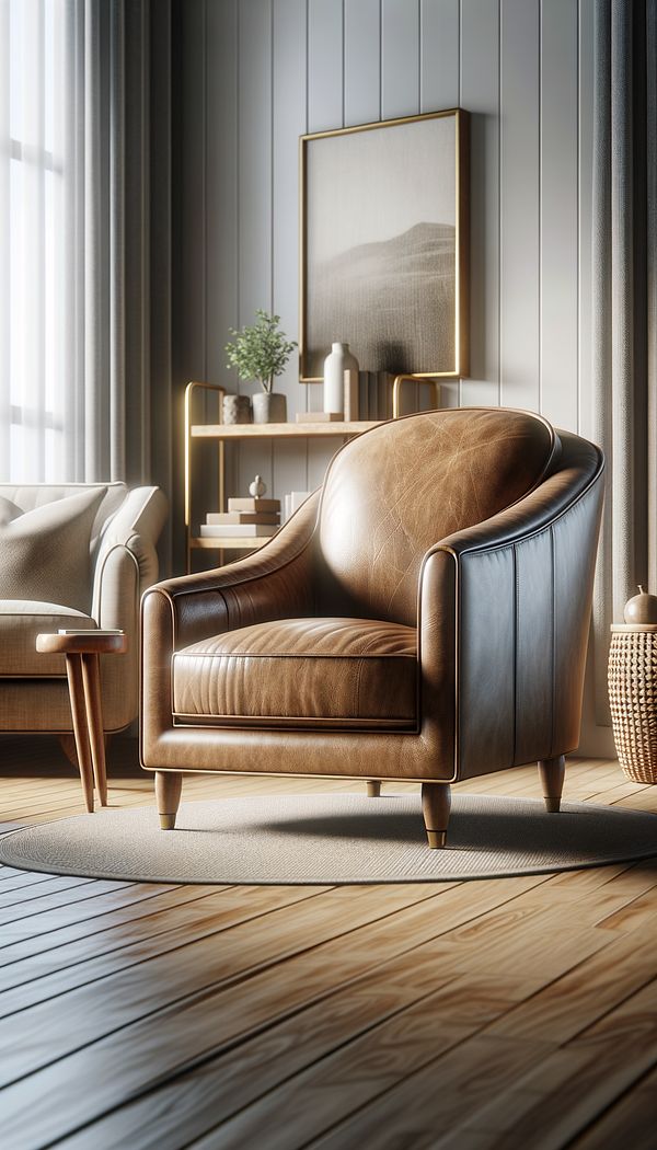 A luxurious, pure aniline leather armchair, showcasing its soft texture and natural markings in a well-lit, tasteful living room setting.