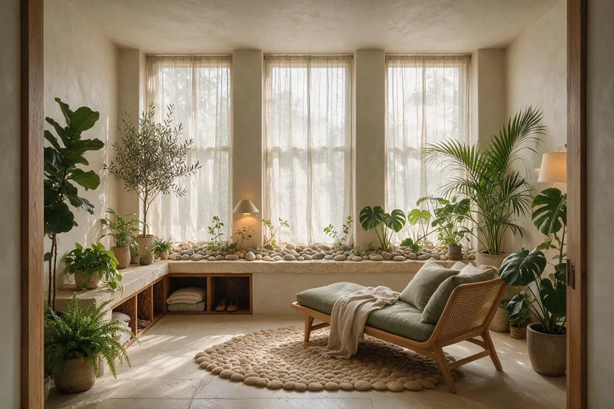 A bright front porch with three tall windows draped in sheer curtains, a built-in stone bench lined with pebbles, and many potted plants around the room. A woven chaise lounge with soft green cushions sits on a textured circular rug, creating a calm, nature-inspired seating area.