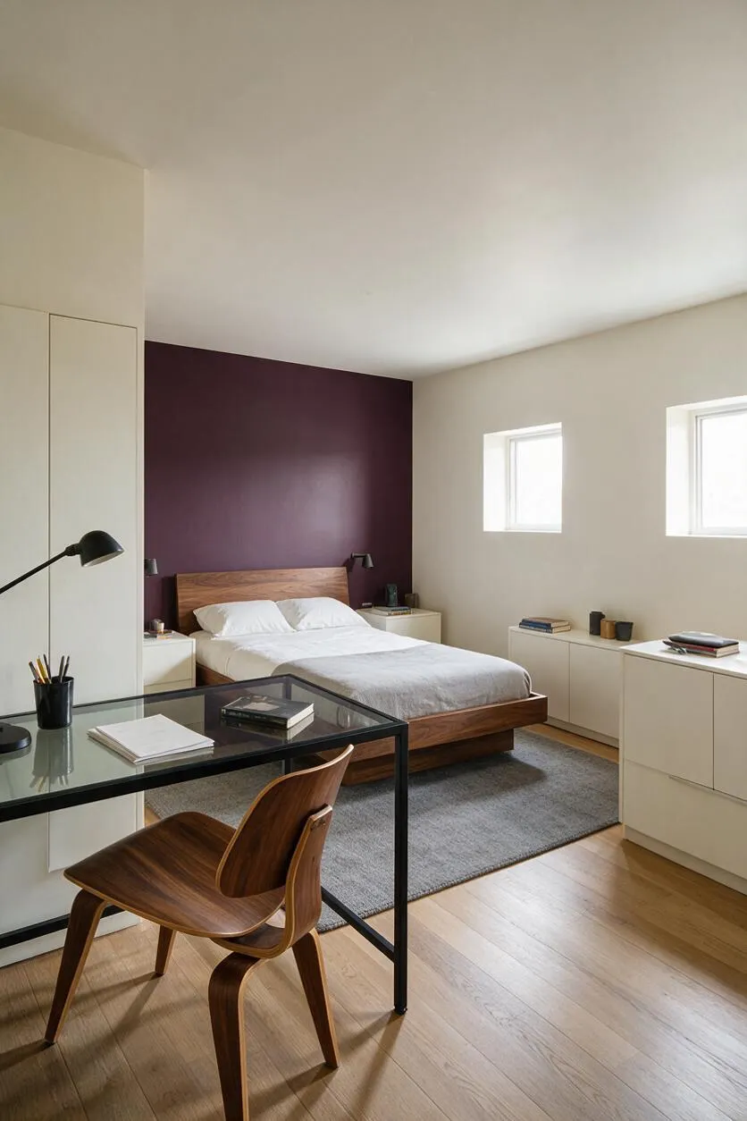 A modern guest bedroom features a walnut wood bed centered against a deep plum accent wall, with white bedding and built-in cream storage along the side walls. A black-framed glass desk and sculptural wooden chair sit in the foreground, and two small square windows bring in soft natural light over a light wood floor and gray area rug.