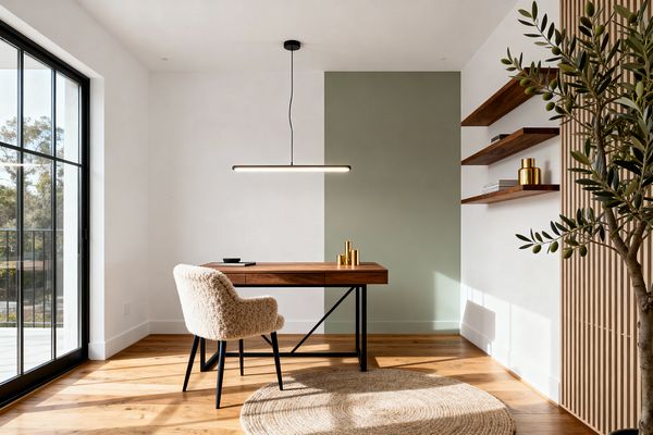 A minimalist home office features a walnut desk on black metal legs against a wall divided into white and a soft sage-green block. A cream boucle armchair sits beneath a slim black linear pendant. To the right, three walnut floating shelves display brass vessels and books next to a light wood slatted screen and a potted olive tree. Wide-plank wood flooring and a round jute rug warm the space. A large black-framed window brings in abundant daylight.