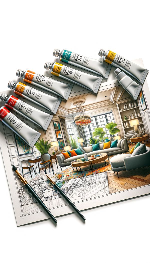 A set of gouache paint tubes lying next to a beautifully rendered interior design illustration created using gouache, featuring vibrant colors and detailed furnishings.