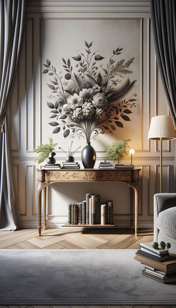 An elegantly designed living room featuring a console table against a wall, adorned with a vase of flowers, books, and a decorative lamp, showcasing the table's versatility and style.