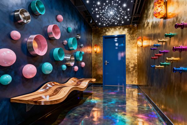 A narrow mudroom with a deep indigo wall displays round, glossy pink and mint spheres and stainless-rimmed circular cubbies above a sculptural, wave-like floating wood bench. Opposite a metallic gold wall studded with rainbow metal pegs, a cobalt blue door sits at the end, while a black ceiling with starburst LED points and amber glass sconces glow over a high-gloss, iridescent epoxy floor that reflects teal, magenta, and gold.